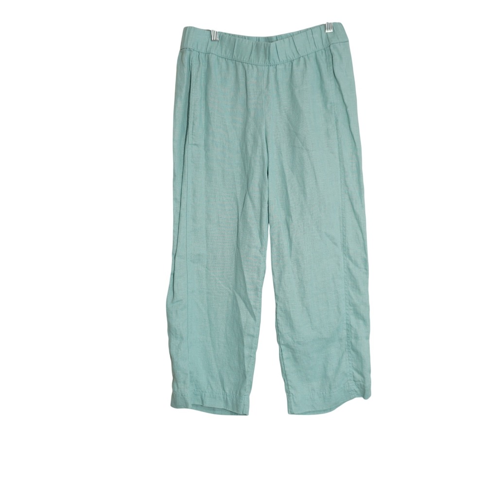 Pure Jill Size Small 100% Linen Pants Aqua Blue Elastic Waist Wide Leg Crop